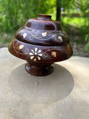 Vintage Olive wood hand engraved , inlaid brass floral design box.